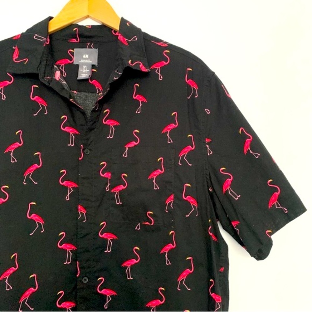 Summer Flamingo Short Sleeve Collar Button Up Tee Shirt Top in Black, Pink (L)